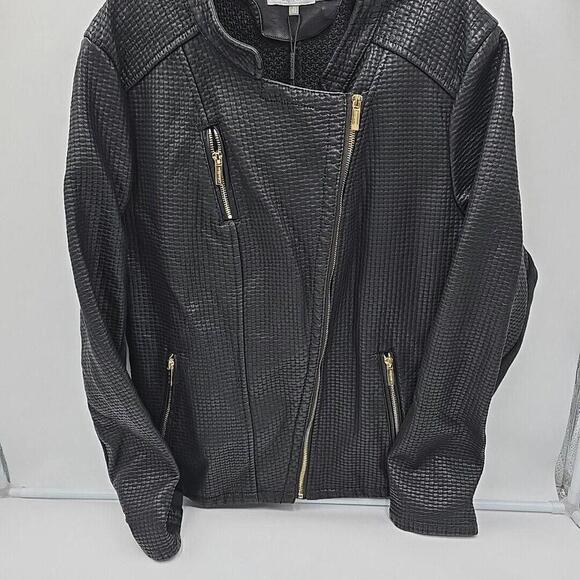 Calvin Klein L Black Vegan Leather Gold Chic Luxury UQ Urban Chic Jacket NWT - Picture 2 of 13